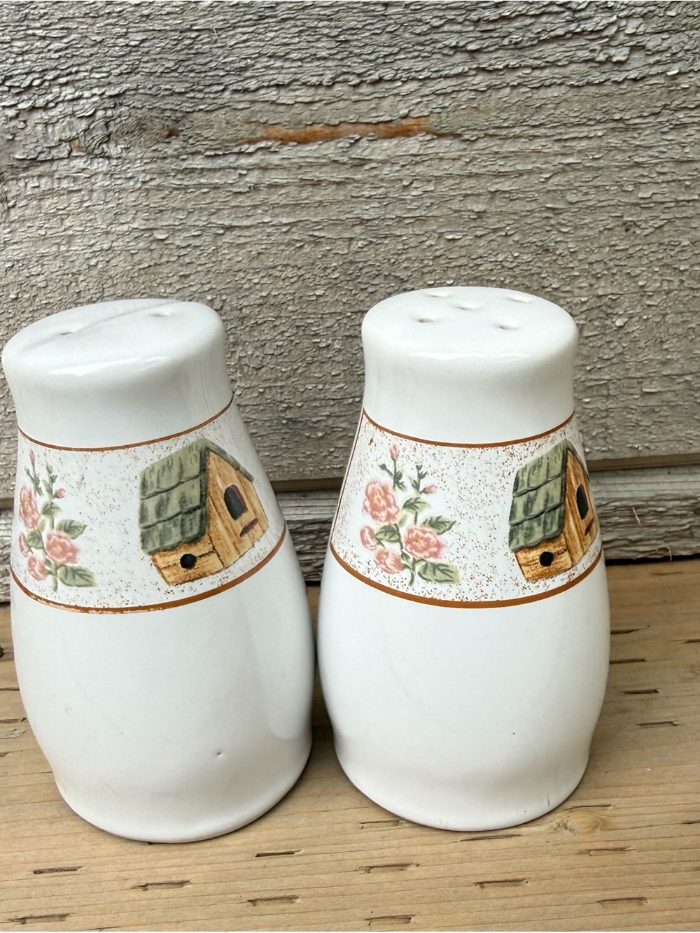 Cottage Core Ceramic Salt and Pepper Shakers with Birdhouse Floral Band - White